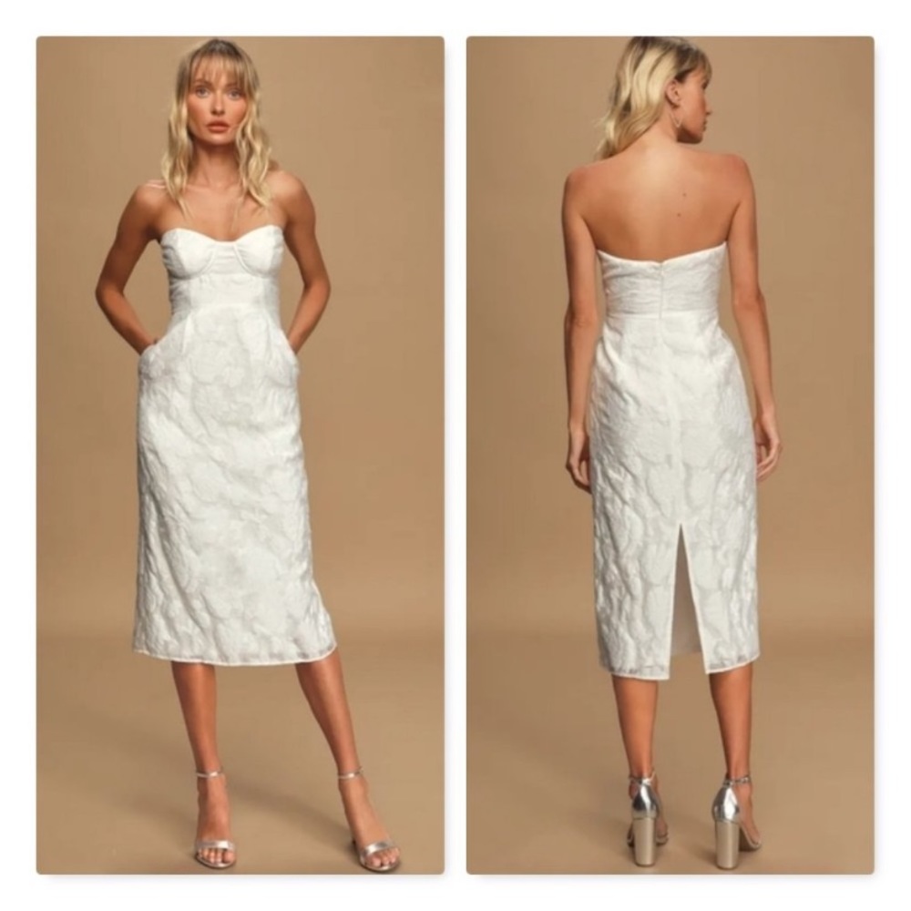 Lulus From this Day White Floral Jacquard Strapless Midi Dress Size S NWT